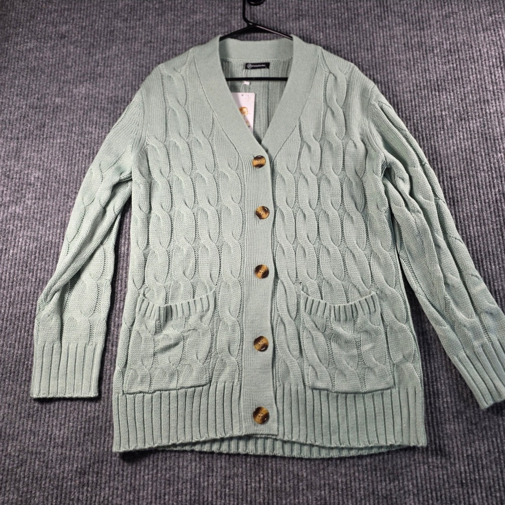 PrettyGarden Sage Green Cable Knit Cardigan Sweater V-Neck Button Front L NEW